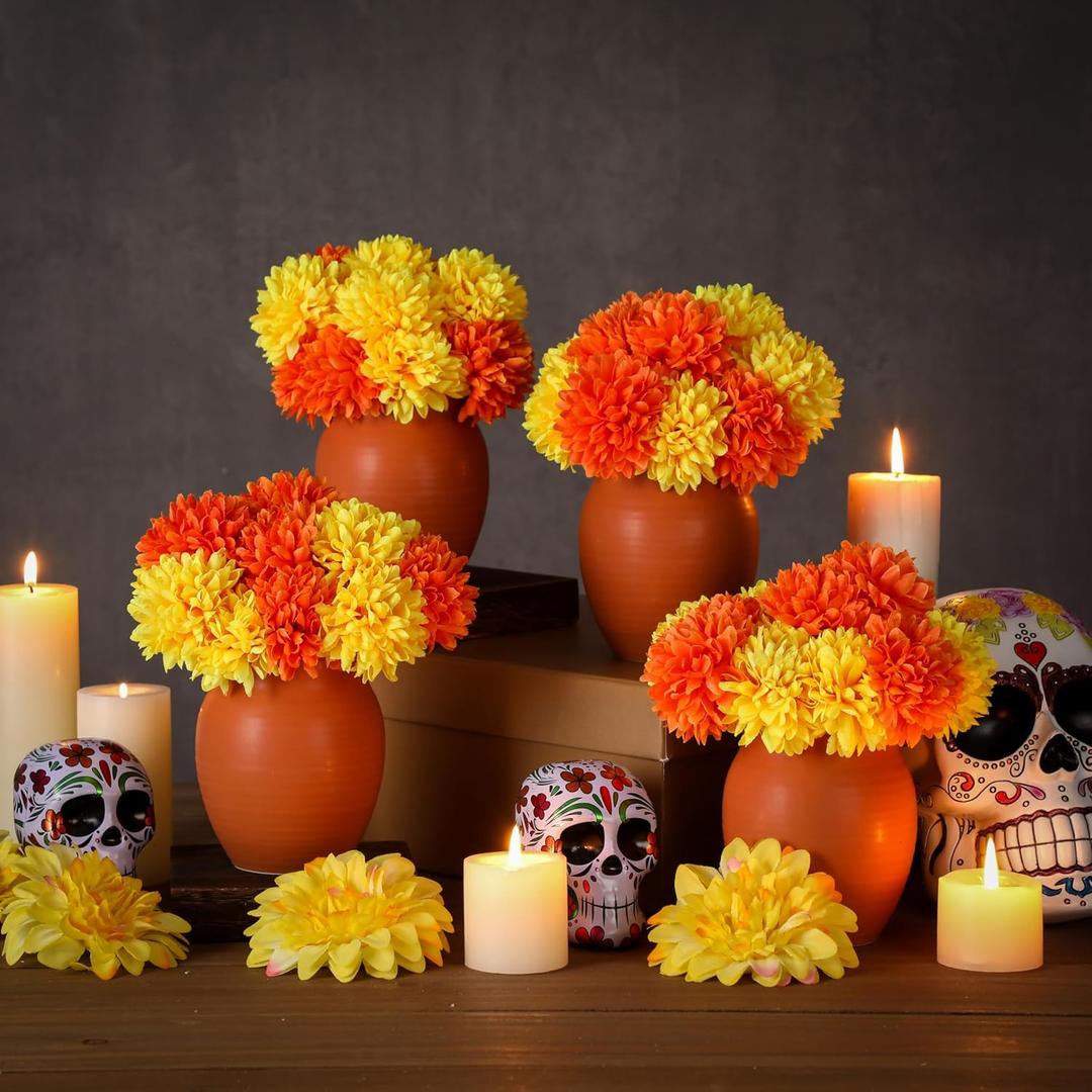 LemonRoad Dia De Los Muertos Altar Decorations Marigold Flowers Day of The Dead Decorations Clay Vase with Artificial Marigold Fake Flowers for Mexican Day of The Dead Table Decoration