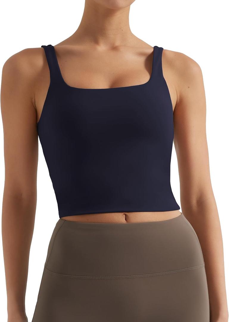 Womens Sports Bra  Workout Crop Tank Tops for WomenSleeveless Square Neck Padded Bras with Built in Bra (X-Small, Navy Blue)