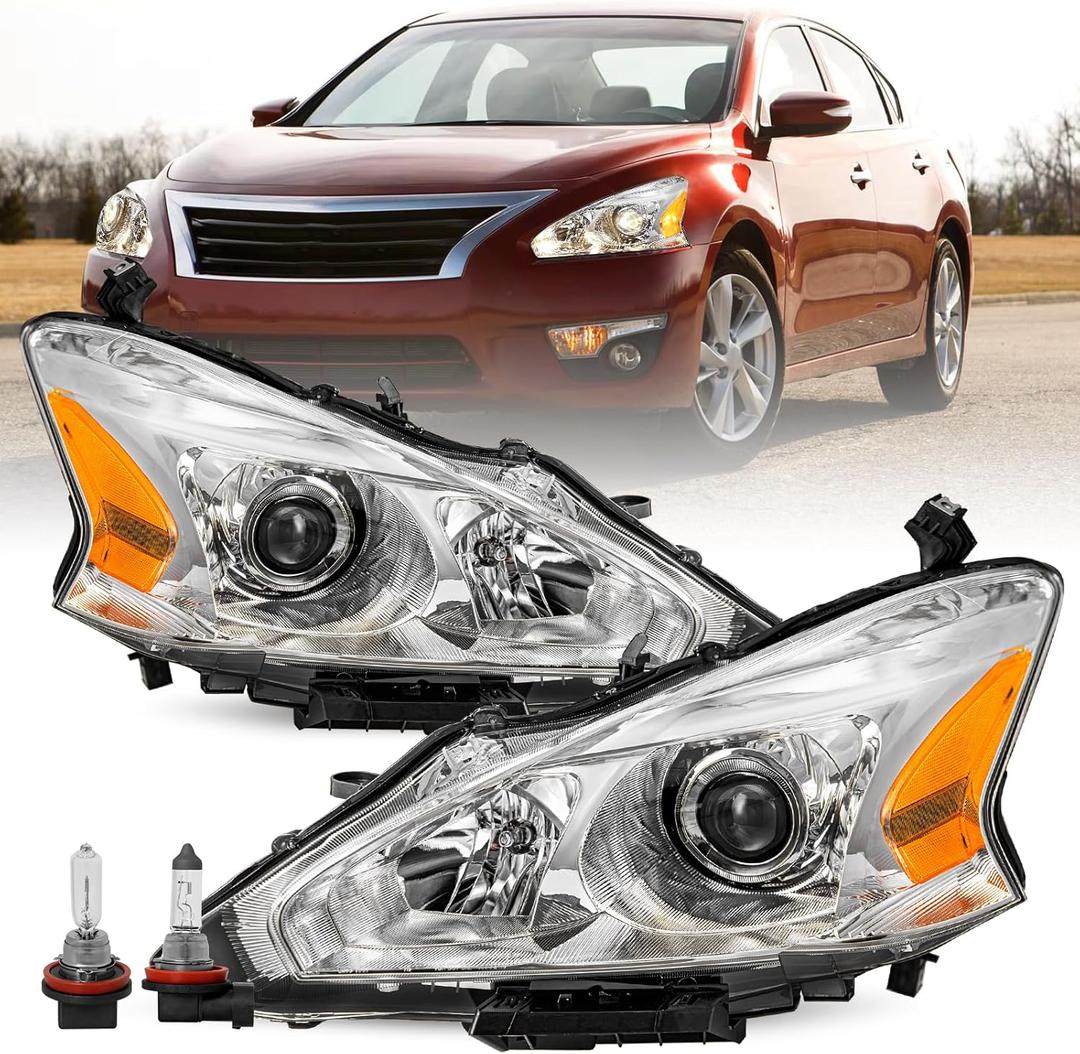 Headlight Assembly Fit for 2013 2014 2015 Nissan Altima 4-Door Sedan Halogen Replacement Chrome Housing Amber Reflector Driver & Passenger Side Bulbs Included