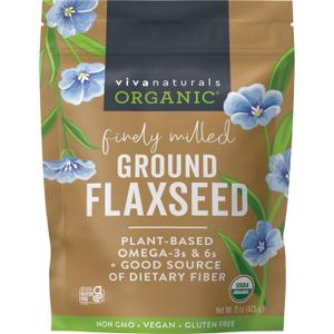 Viva Naturals Organic Ground Flaxseed, 15 oz (425 g) Plant-Based Protein, Vegan Omega-3 & Fiber, Finely Milled Flax Seeds, Perfect for Smoothies & Baking, Best By: 03/2027