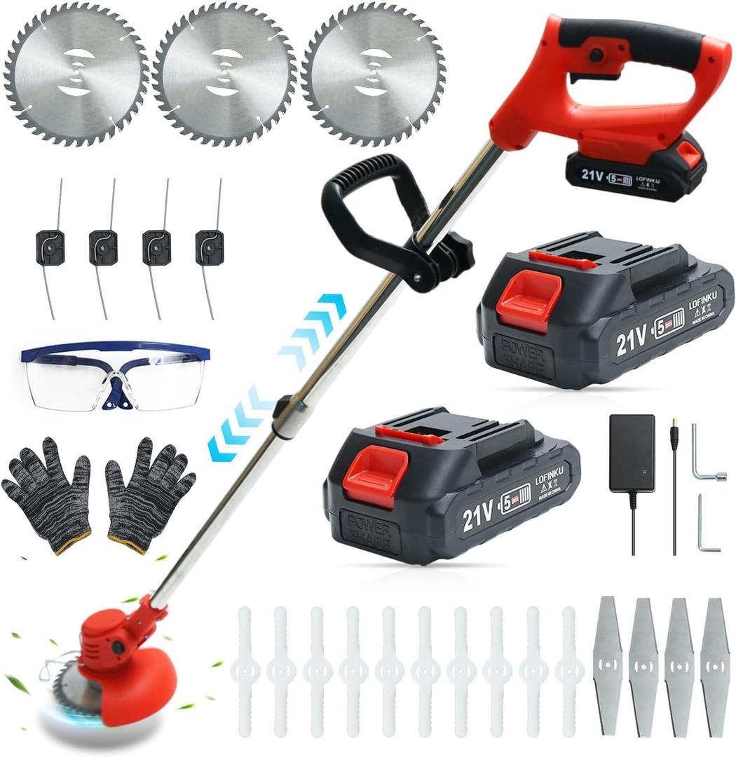 Cordless Weed Wacker with 2 Batteries, Lightweight Electric Weed Eater, Adjustable Telescopic Grass Trimmer for Lawn, Garden and Yard, Red