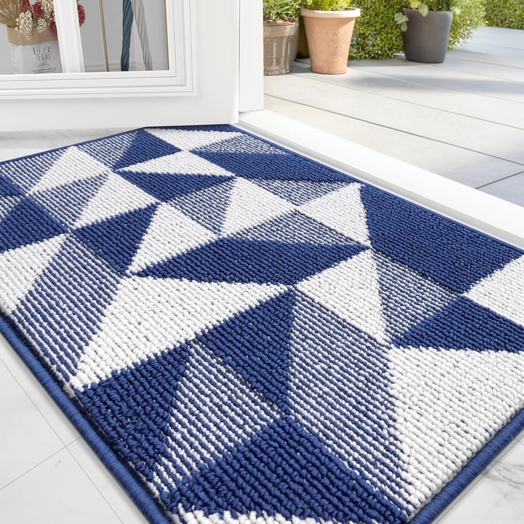 OLANLY Door Mat Indoor Entrance Washable 32x20, Odor-Free Low-Profile Front Back Geometric Doormat, Absorbent Resist Dirt Entry Carpet, Easy to Clean Sturdy Inside Floor Mats for Entryway, Blue