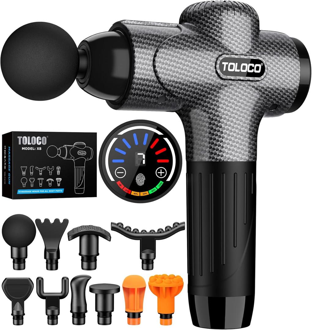 TOLOCO Massage Gun, Upgrade Deep Tissue Back Massager with 10 Replacement Heads, Percussion Massage Guns for Athletes for Pain Relief, Super Quiet Electric Massager for Christmas Gift, Carbon