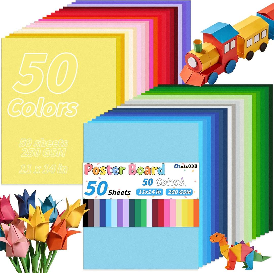 Oleitodh 50 Colors Poster Board, 11x14 Inch Colored Poster Paper 250 GSM 50 Pcs Thick Cardstock for School Projects, Vision Boards, Signs, Notices, Art Crafts & Event Displays