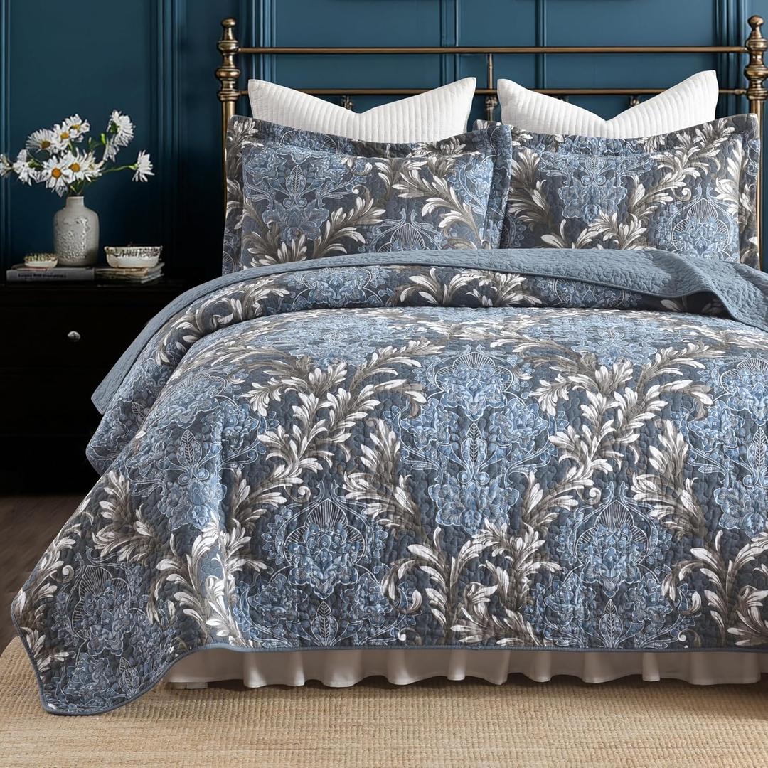 100% Cotton Elegant Floral King Quilt Set, Dusty Blue & Gray 3-Pcs | Luxury Farmhouse Bedding Set with 2 Pillow Shams, Reversible Damask Bedspread Coverlet, Lightweight & Soft for All Season