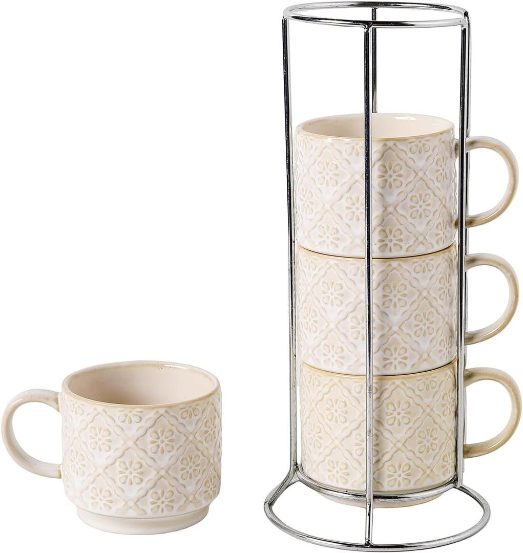 6 Oz Coffee Mugs with Stand, Stackable Coffee Cups Set of 4, Ceramic Espresso Cups, Embossed Cappuccino Cups for Latte, Cocoa, Mocha, Tea, Housewarming Wedding Present, Dishwasher Safe (White)