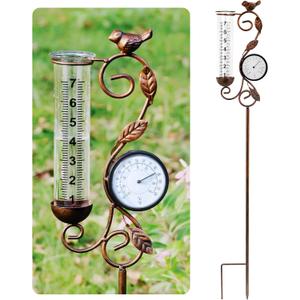 32" Garden Rain Gauge with Thermometer - 7" Glass Tube for Outdoor Indoor Use, Patio Yard Decor Statue