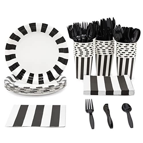 Black and White Party Decorations - Serves 24 Striped Party Supplies with Plates, Napkins, Cups and Cutlery for Birthday, Graduation - Emo Birthday Decorations