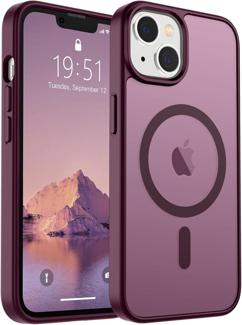 SUPFINE Magnetic for iPhone 14 Case & iPhone 13 Case (Compatible with MagSafe)(Military Grade Drop Protection) Slim Translucent Matte Shockproof Women Girl Phone Cover,Wine Red
