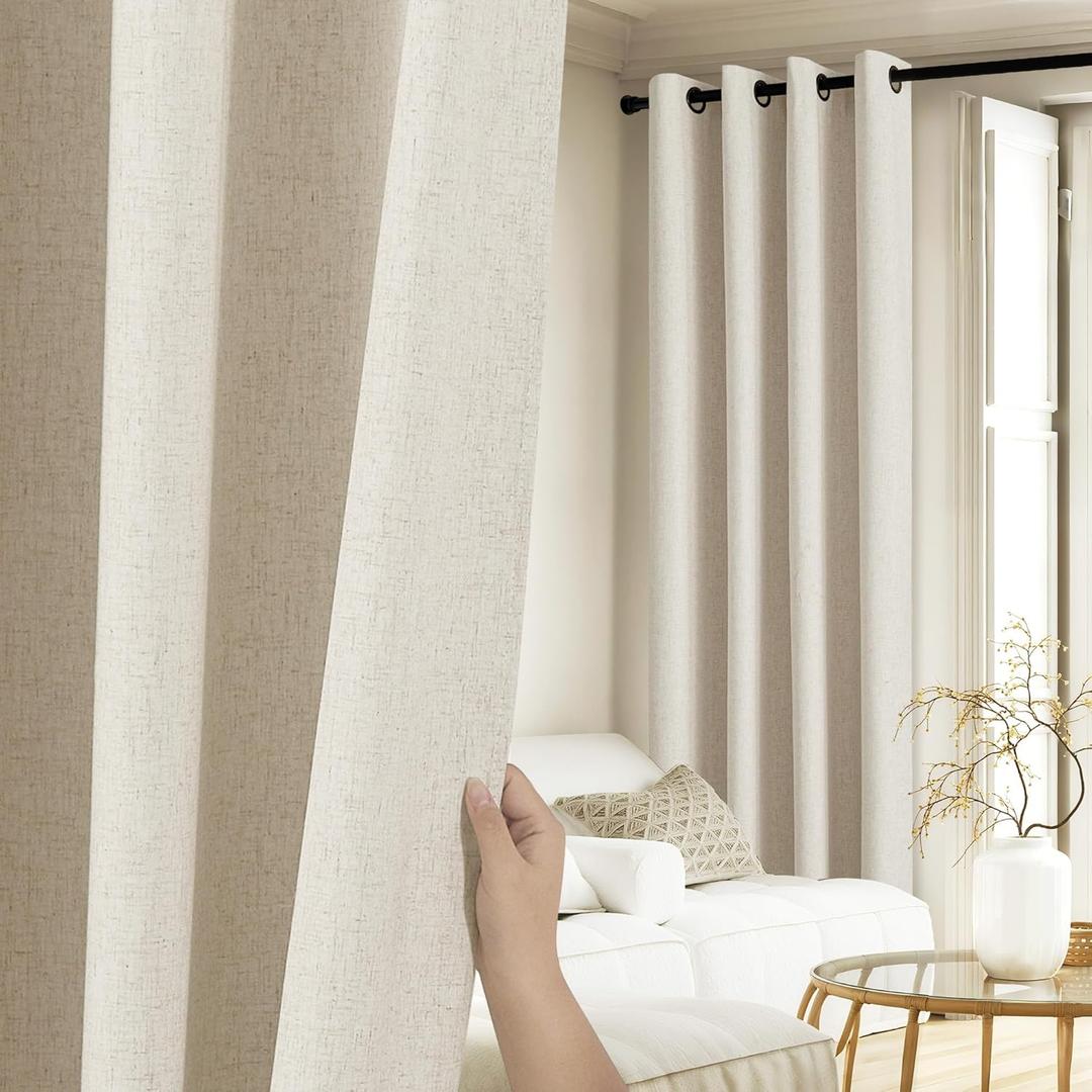 NICETOWN Natural 100% Blackout Linen Curtains 84 inch Long Burg for Living Room, 2 Panels, 52" Wide, Farmhouse Thick Completely Blackout Window Treatment Thermal Insulated Warm Drapes for Winter