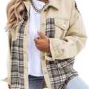 SHEWIN Women's Oversized Denim Jacket Casual Long Sleeve Button Down Plaid Shacket Boyfriend Jean Jacket With Pockets (Medium, Apricot)