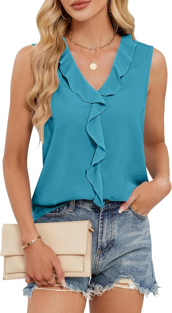 Blooming Jelly Women's V Neck Ruffle Sleeveless Business Casual Tank Top, small