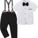 SANMIO Toddler Baby Boy Clothes Suit Gentleman Wedding Outfits, Formal Dress Shirt with Bowtie + Suspender Pants 16-24M