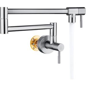 Fransiton Brushed Nickel Pot Filler, Pot Filler Faucet Wall Mount, Brass Folding Stretchable with Double Joint Swing Arm Single Hole Two Handles Kitchen Restaurant