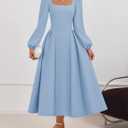 ZESICA Women's Long Sleeve Midi Dresses 2026 Fall Square Neck Swing A Line Wedding Guest Evening Prom Dress (Blue, L)