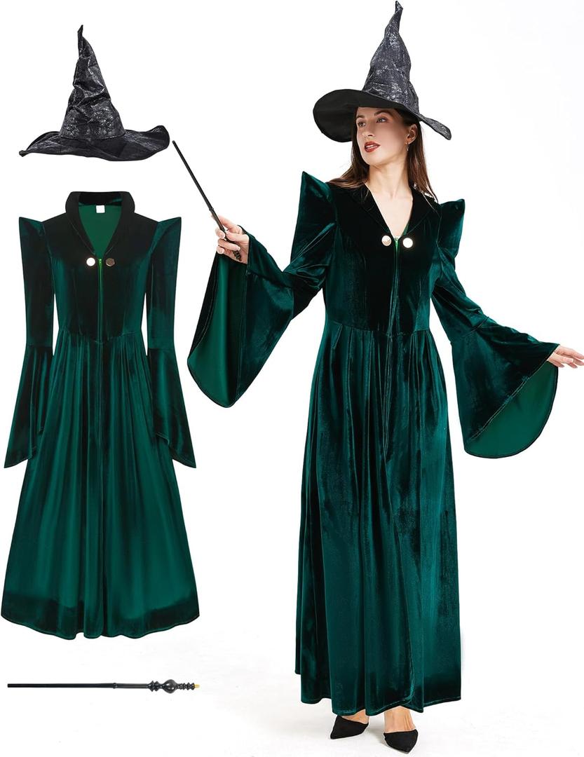 Professor Witch Costume Adult Women Dark Green Velvet Dress Wizard Plus Size Costumes Outfit for Halloween Cosplay (XX-Large)