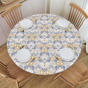 Elastic Edged Round Fitted Daisy White Blue Chic Floral Table Cloth Cover for Indoor Outdoor Kitchen Party, Waterproof Wipeable Tablecloth for 45"- 50" Tables,Medium