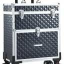 Adazzo Professional Rolling Makeup Case with Drawer for Makeup Artists Cosmetic Train Case Large Storage Case for Nail Technicians Cosmetology Case with Detachable Bag for Hairstylist Black