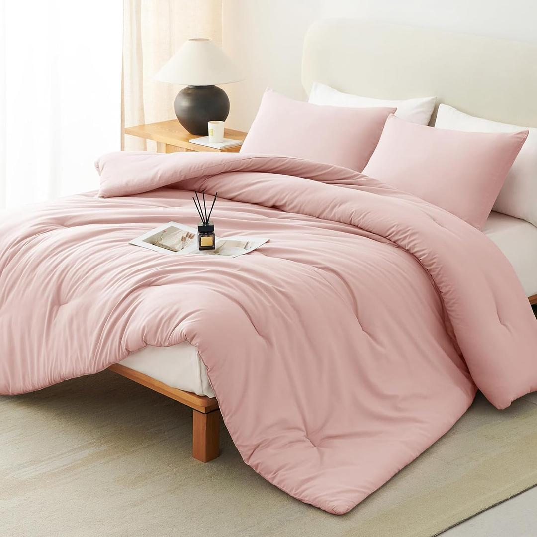 CozyLux Blush Pink Queen Comforter Set for Girls, 3 Pieces Women Solid Breathable Quilted Bedding Sets, Luxury Soft Bed Set with Down Alternative Comforter All Season (1 Comforter & 2 Pillowcases)