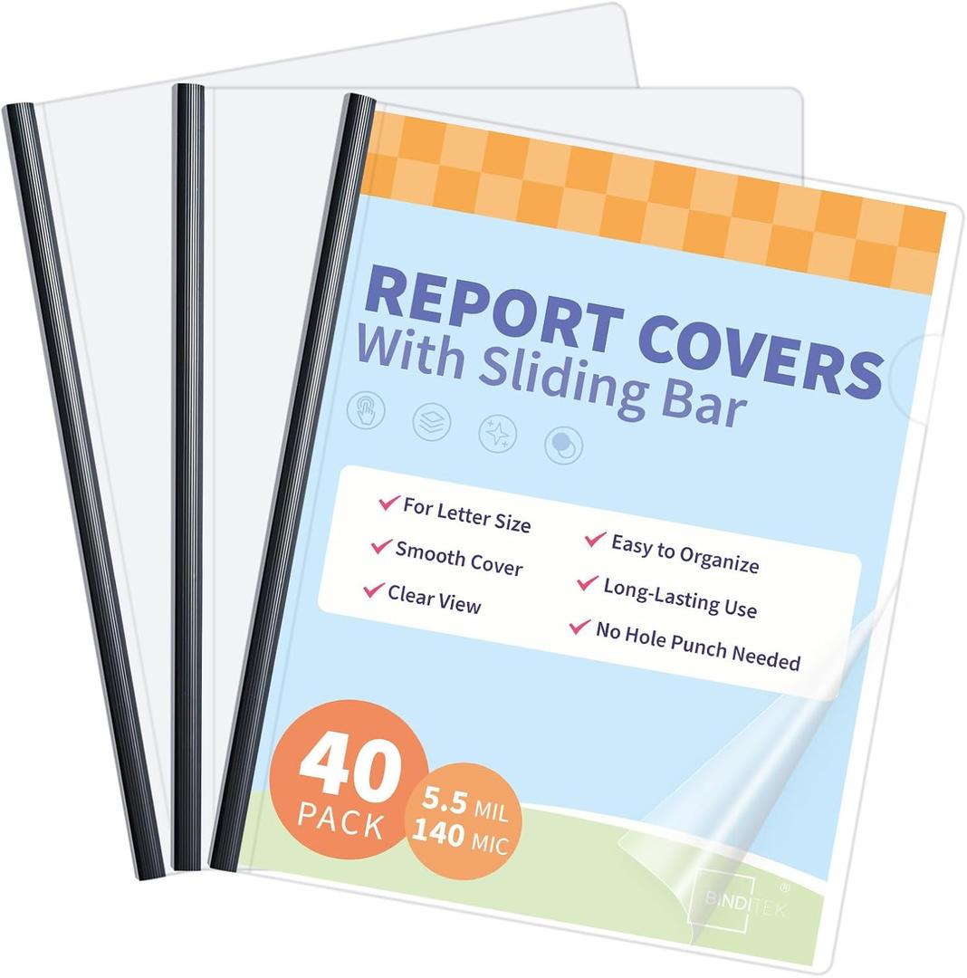 Binditek 40 Pack Clear Report Covers with Sliding Bars, 25 Sheet Capacity, 5mm Binding Bars, Letter Size, 5.5 Mil Thick, Black, for Students and Coworkers