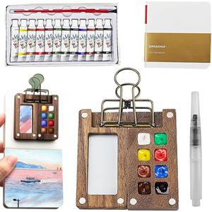 Watercolor KitMini Travel Pocket Artist Watercolor Travel SetMini Wooden Water Color Sketchbook Kit with Nano Palette and 12 Color Paints for Artists, Students, and Painters