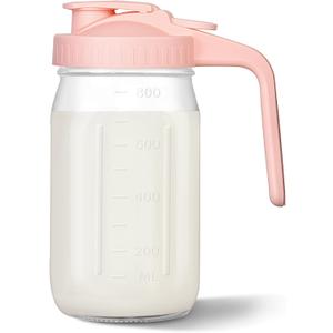 Mason Jar Pitcher, 32 oz Glass Milk Pitcher, Wide Mouth & Leakproof Glass Pitcher with Lid for Milk, Sun Tea, Juice, Cold Brew Coffee and Drinks (Pink)