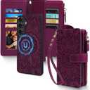 Harryshell 2 in 1 for Samsung Galaxy S26 Plus Wallet Case Magnetic Compatible with Magsafe RFID Blocking Card Holder Detachable Phone Cover Zipper Purse Kickstand Wrist Strap for Men Floral Burgundy