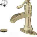 Brushed Gold Bathroom Faucet, Waterfall Bathroom Sink Faucet, 1 Hole Single Handle Farmhouse Lavatory Vanity Deck Mount Vintage with Pop Up Drain with Overflow Parts Mixer Tap