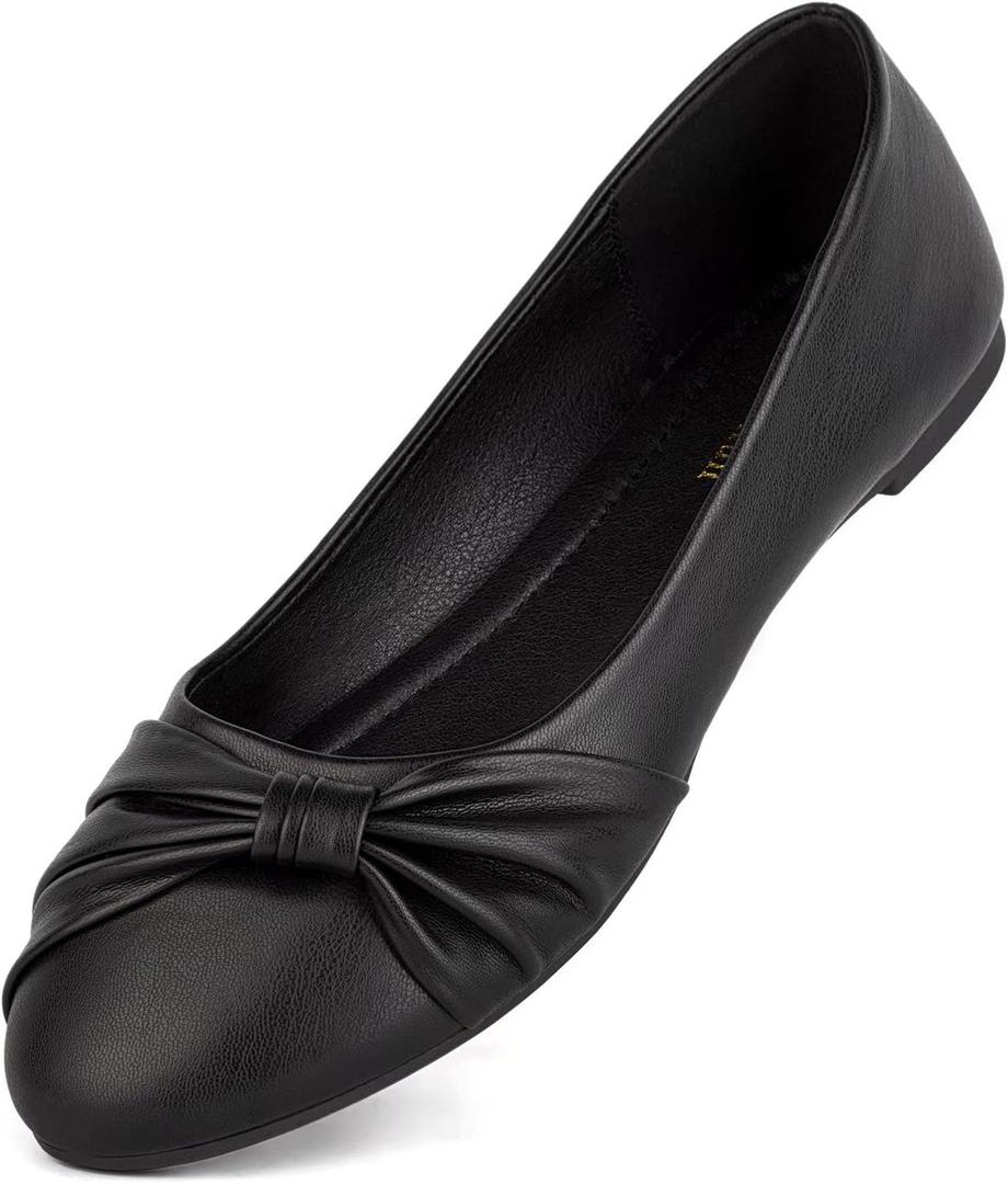 MaxMuxun Women's Flats Shoes Faux Suede Round Toe Ballet Dressy Flats Comfortable Slip On Walking Shoes (10, Black-pu)