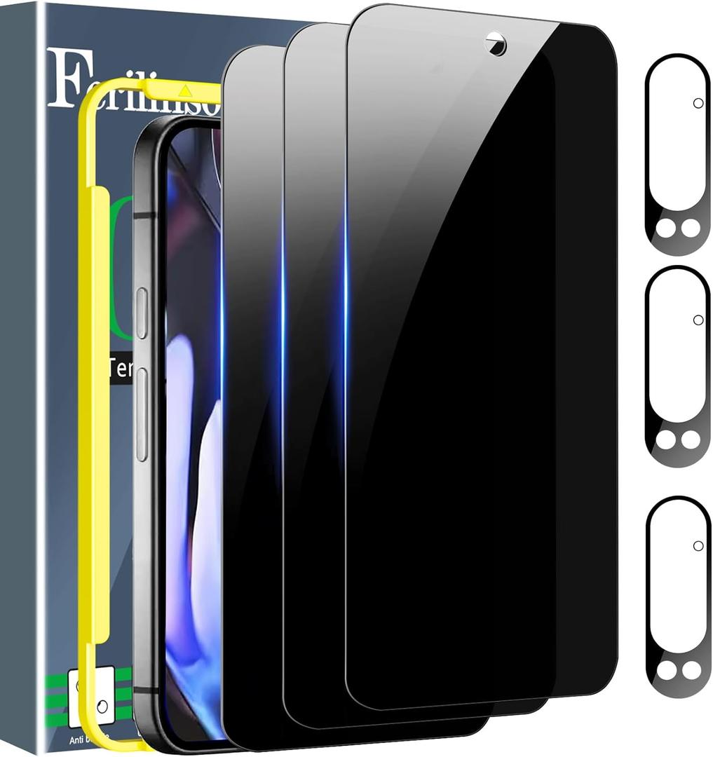 Ferilinso Full Coverage 3 Pack Privacy Screen Protector for Google Pixel 9 Pro XL [Phone Case Friendly], 3 Pack Tempered Glass Camera Lens Protector Accessories [Auto- Dusting & Adhesive]