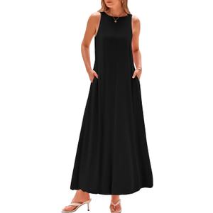 BTFBM 2025 Women Summer Vacation Dresses Sleeveless Crewneck Loose Beach Sundress Bubble Hem Tank Maxi Dress Pockets (XX-Large, Black)