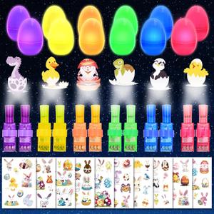 Easter Basket Stuffers, 24PCS Prefilled Easter Eggs with Finger Projector Lights & 10 Sheets Luminous Tattoos, Easter Gifts for Kids, Glow in The Dark Plastic Easter Eggs Filled Easter Decorations