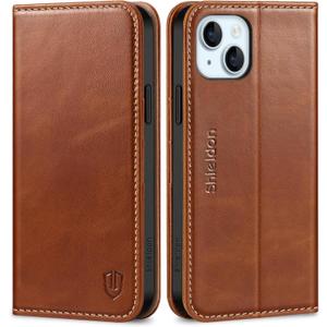 SHIELDON Case for iPhone 15 Plus 5G, Genuine Leather Wallet Magnetic Cover Kickstand RFID Blocking Credit Card Holder Shockproof Case Compatible with iPhone 15 Plus 6.7" 2023  Retro Brown