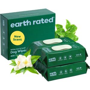 Earth Rated Pet Wipes for Dogs and Cats, Hypoallergenic, 3-in-1 Cleaning, Deodorizing and Hydrating, for Grooming Paws, Body and Butt, New White Tea and Basil Scent, 400 Count