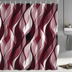 Burgundy Shower Curtain, Modern Abstract Ombre Burgundy Striped Shower Curtain Set for Bathroom Waterproof Shower Curtain with Hooks, 72x72 Inch