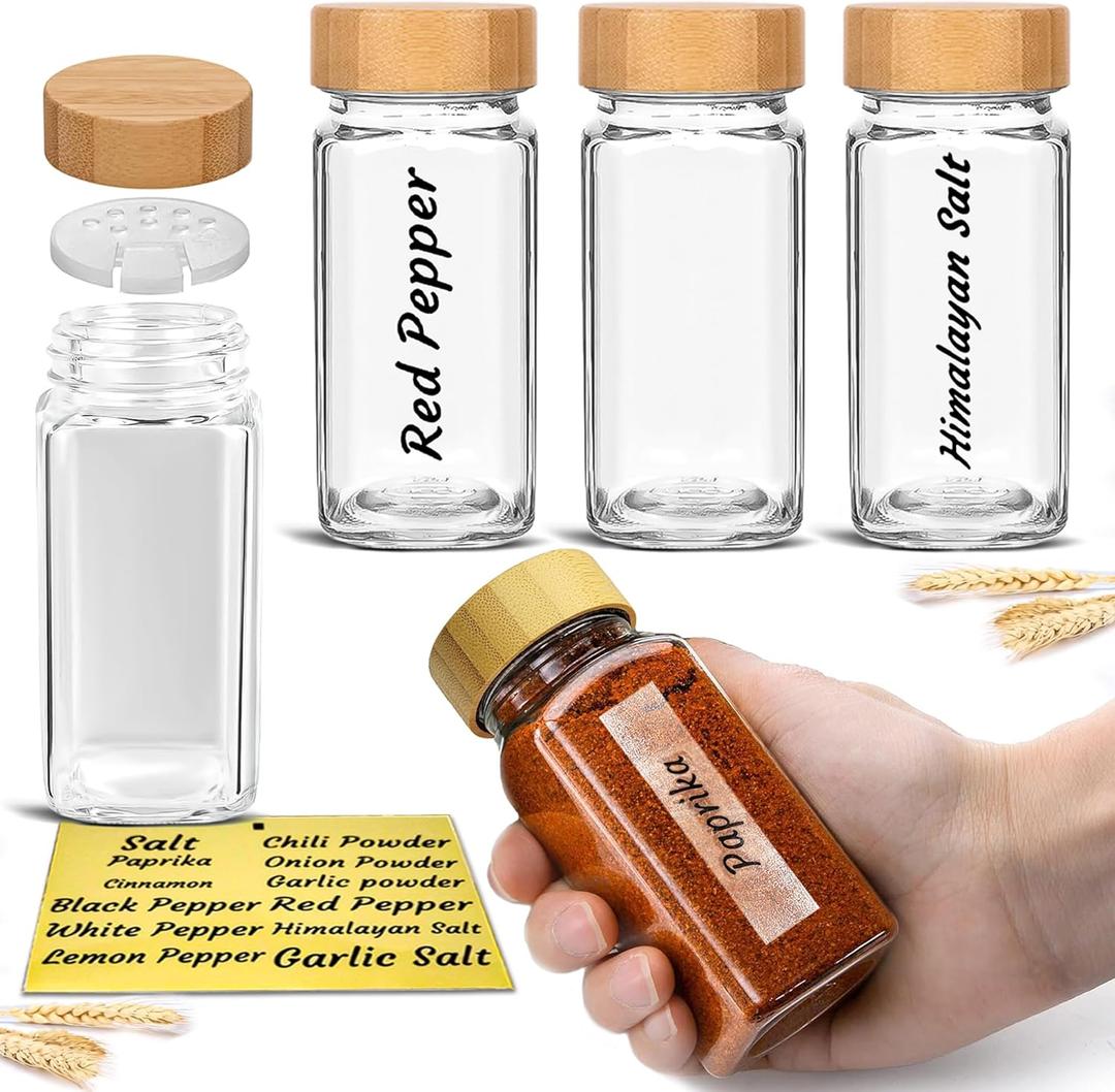 Glass Spice Jars with Bamboo Airtight Lids - (4 Pack) - 4 oz Square Spice Bottles with Shaker Lids - Clear Empty Shaker Seasoning Jars with Preprinted Spice Jars Labels for Spice Rack, Drawer, Cabinet Glass Spice Jars with Bamboo Airtight Lids - (4 Pack) - 4 oz Square Spice Bottles with Shaker Lids - Clear Empty Shaker Seasoning Jars with Preprinted Spice Jars Labels for Spice Rack, Drawer, Cabinet