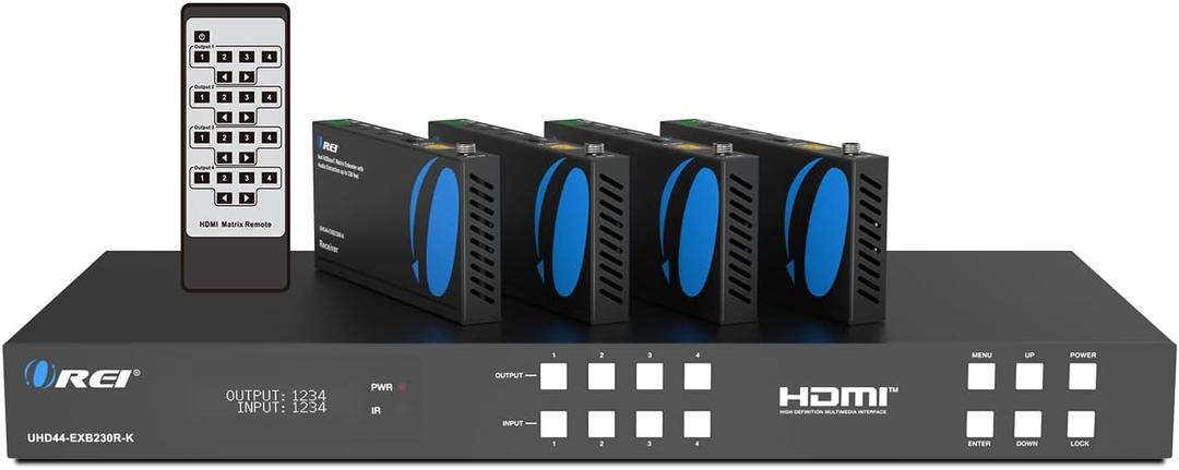OREI Professional 4K 4x4 HDMI Extender Matrix - HDBaseT UltraHD 4K @ 60Hz 4:2:0 Over Single CAT5e/6/7 Cable with HDR Switcher & IR Control, RS-232 - Up to 230 Ft - Loop Out - 4 Receivers Included