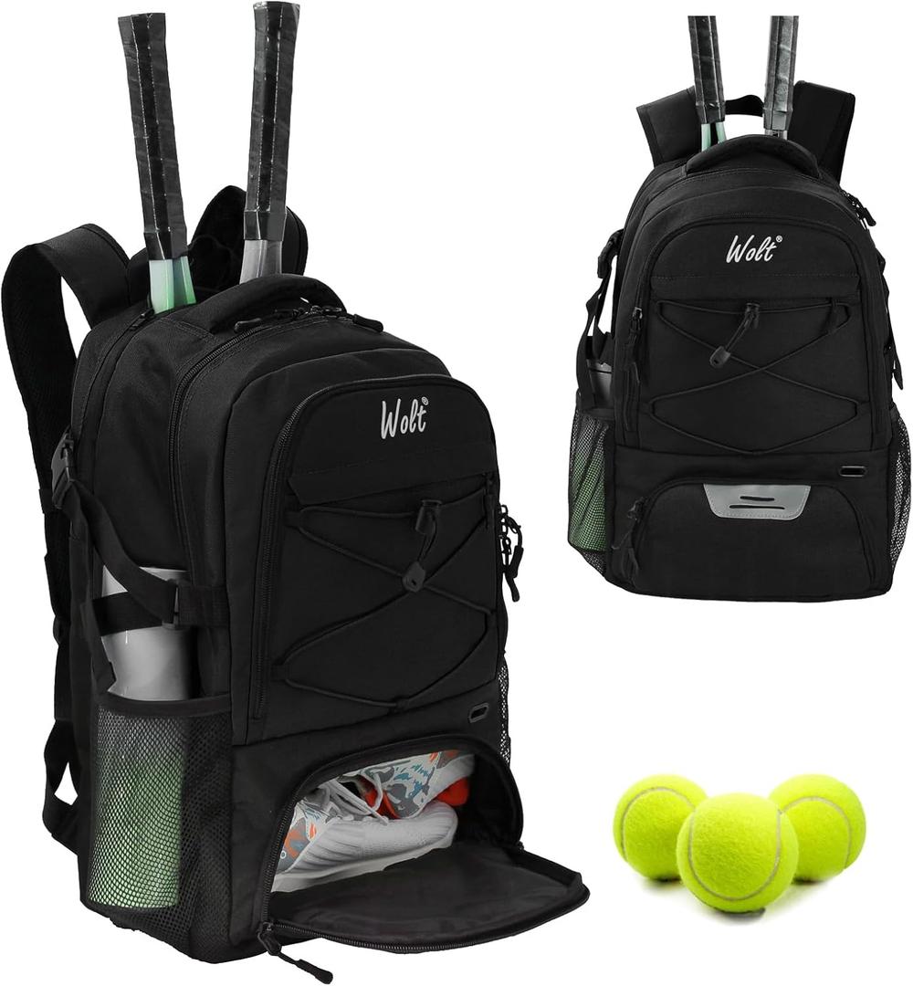 WOLT Tennis Bag - Large Tennis Racket Backpack for Men & Women - Ventilated Shoe Compartment - Holds 2 Rackets (Black)