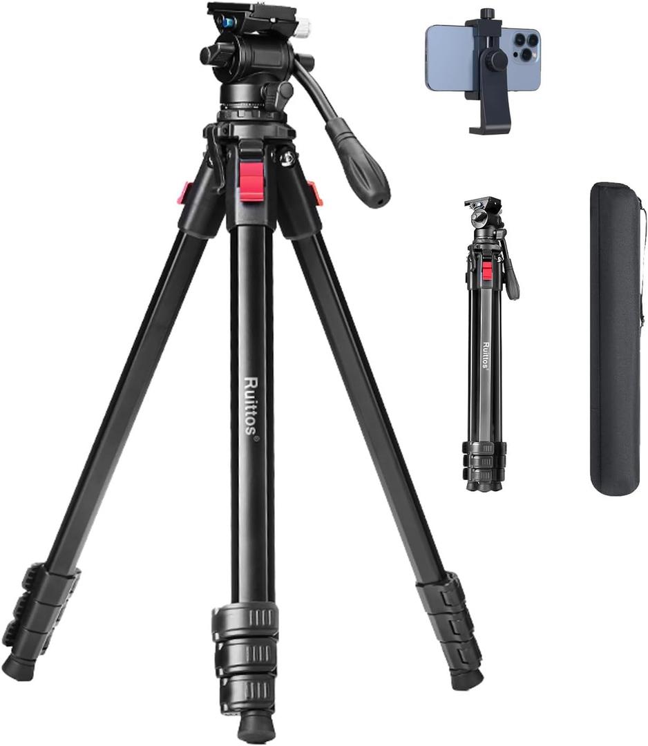 Travel Tripod, 68" Camera Fluid Tripod Lightweight Aluminum Portable for DSLR/SLR Cameras, Video Camcorders, Action Cameras, Phones, Telescopes...11lbs (TM66-FB1)