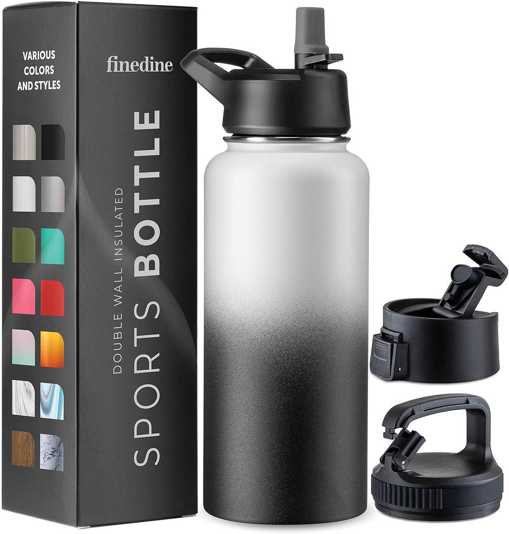 FineDine Triple Walled, Insulated Water Bottles with Straw - 32 Oz Stainless Steel Metal Bottle W/ 3 Leak Proof Lids - For Travel, School, Sports, Gym/Men, Women & Kids - Dreamy Black-White