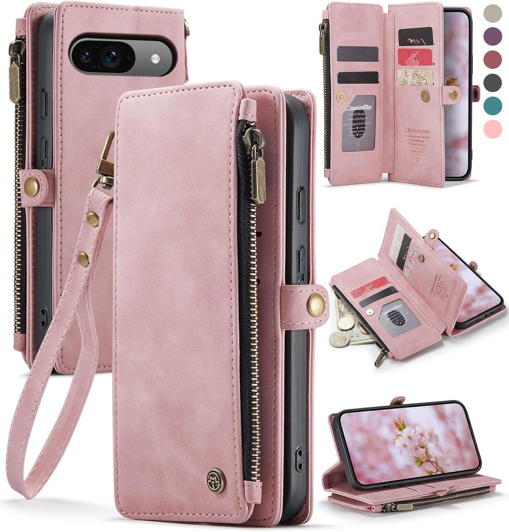 Defencase Compatible with Pixel 9/Pro Case, RFID Blocking Wallet Case Fit for Google Pixel 9 & 9 Pro Soft PU Leather Magnetic Snap Flip Zipper Strap Card Holder Phone Case for Women Men, Pink