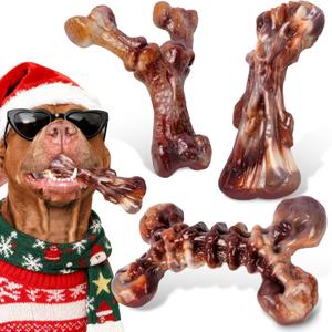 Dog Toys for Aggressive Chewers - 3 Pack Bacon Flavored Indestructible Dog Toy, Big Tough Chew Bone for Medium Large Breed 25-80lbs to Keep Them Busy, Holiday Dog Gift (Brown)
