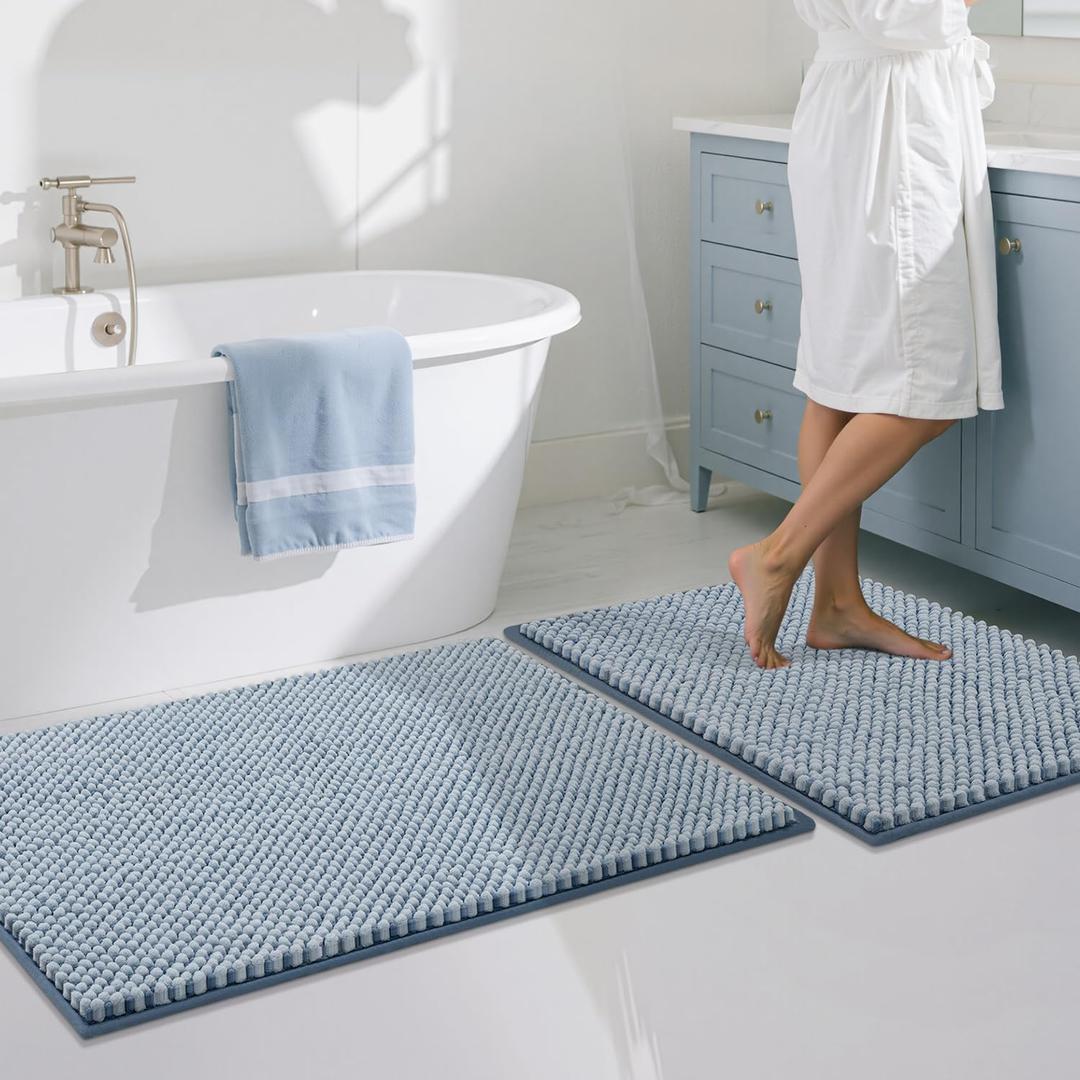 Bathroom Rugs Set 2 Piece-Chenille Bath Mats Non Slip-Thick Soft Absorbent Beach Bath Rug-Shower Floor Mat Machine Washable-Bathroom Decor Accessories (Light Blue, 20" x 32" Plus 16" x 24")