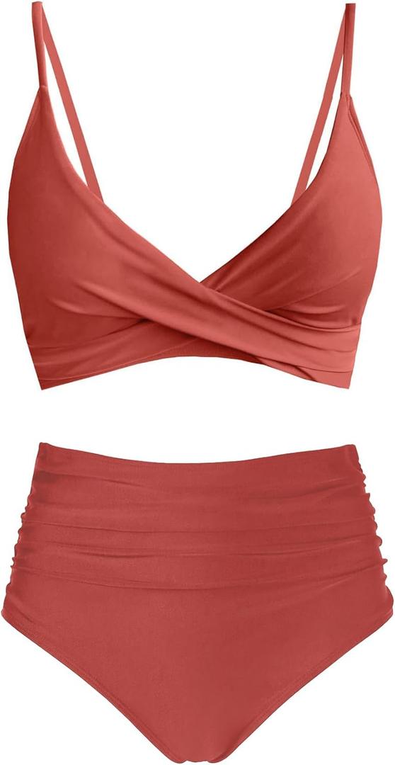 Women's High Waisted Bikini Sets Push Up Twist Front Spaghetti Straps Ruched Two Piece Swimsuit Bathing Suit, Small