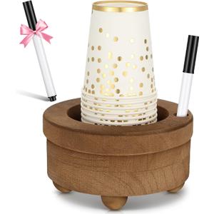 1 Pcs Wooden Cup Holder with Marker Slot Brown Cup Holder Dispenser Disposable Mug Dispenser for Party Decoration Bathroom Kitchen Showers Picnic Housewarming Couples Gift (Classic Style)