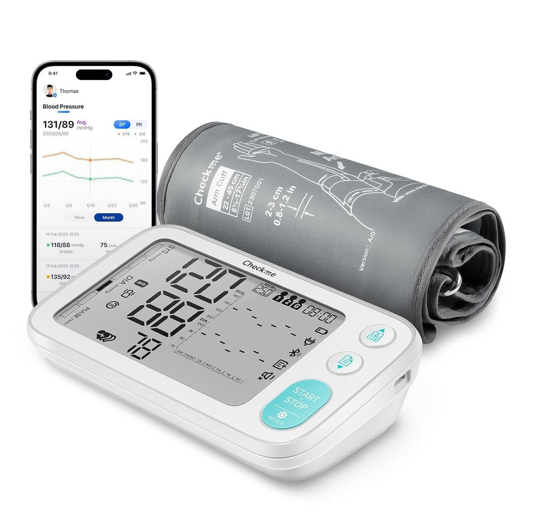 Checkme Blood Pressure Monitors for Home Use, Automatic Digital BP Machine with Bluetooth, Dual Display with 7 Days Trends, XL Size Cuff 8.7-17.7, 2 * 250 Storage, Dual Power Supply, Voice Broadcast
