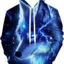Black 80s 90s Pullover Hoodie 3D Novelty Graphic Hooded Sweatshirt Hoodies for Men, Medium, Blue Lightning Wolf