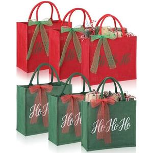 Sunnymove 6 Pcs Large Reusable Christmas Burlap Tote Bags with Handles Bulk 14 x 12.6 x 5.9 Inch Christmas Red and Green Gift Bags with Ribbon for Xmas Holiday Presents Party Grocery Shopping Wedding