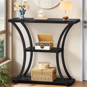 Hoctieon 3 Tier Console Table with Open Wood Shelves, Decorative Entryway Table with Curved Metal Frames, Narrow Sofa Table for Entrance, Living Room, Hallway, Black Marbled, 31.5" L X 11.8" W X 31.5" H