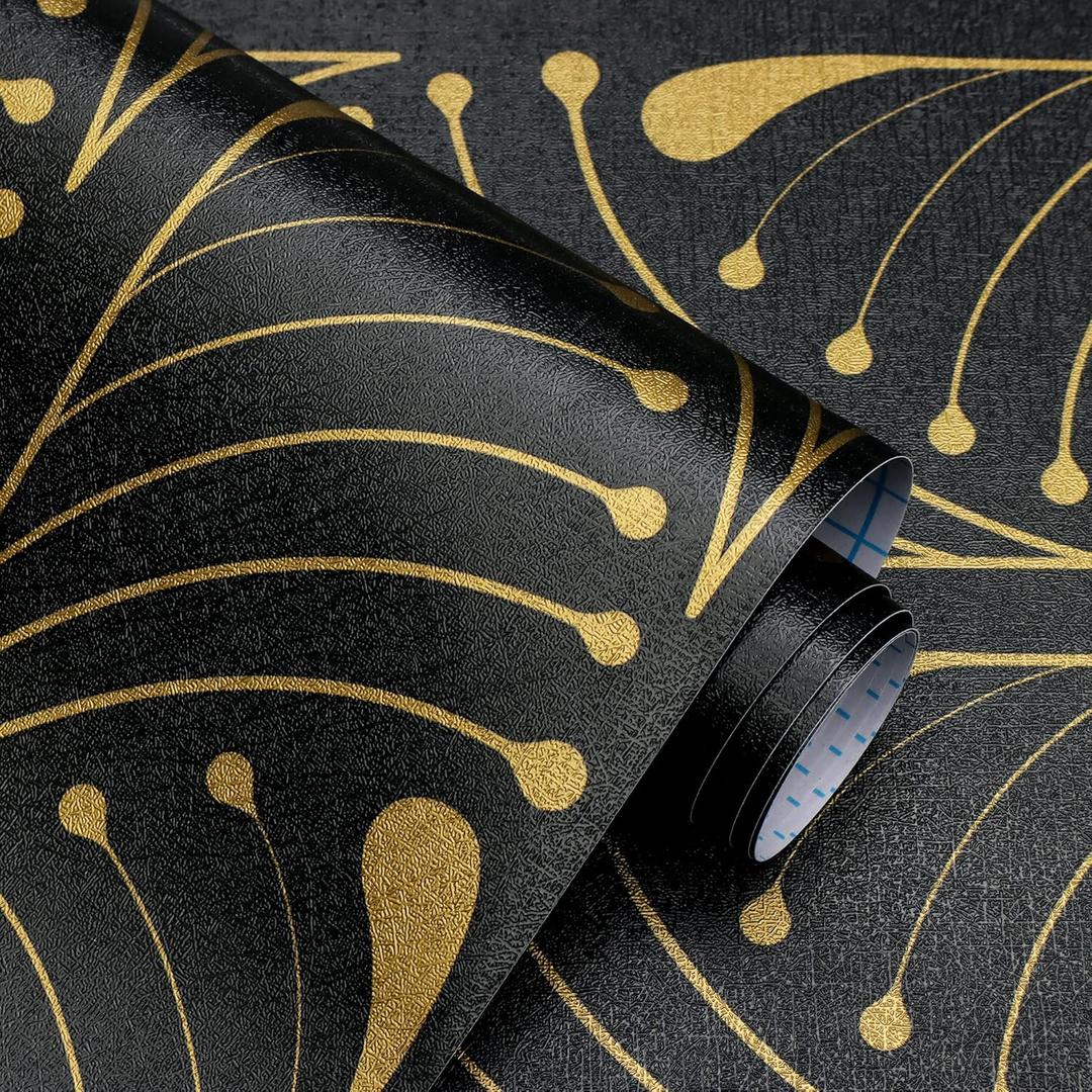 Kitico Black and Gold Peel and Stick Wallpaper Black Stripe Contact Paper Removable Self Adhesive Wallpaper Waterproof Geometric Wallpaper for Walls Covering Vinyl Rolls 17.3''x393.7''